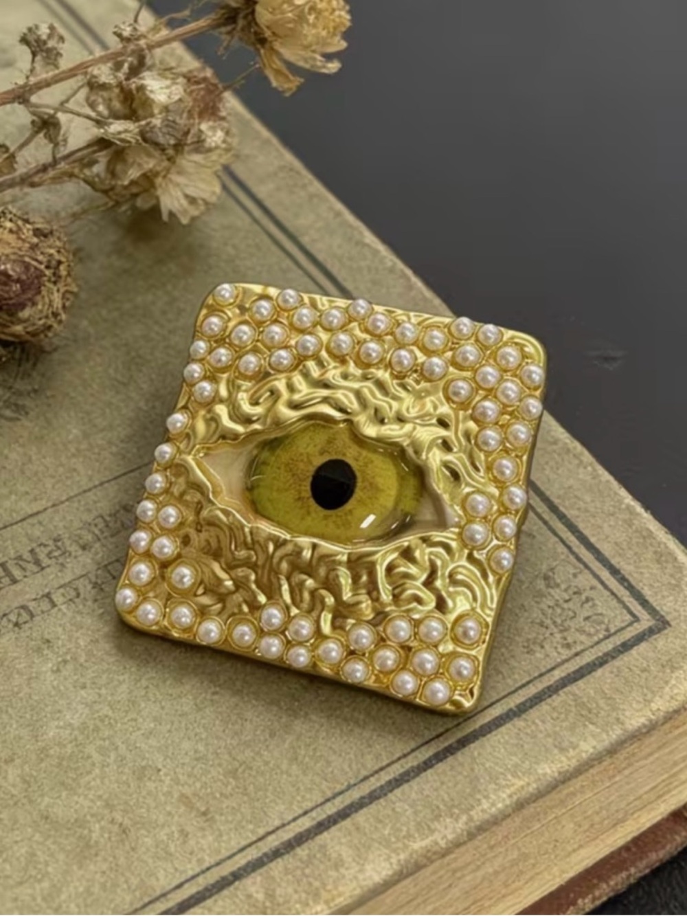 Schiaparelli Inspired Gold Eye Statement Brooch with Faux Pearls